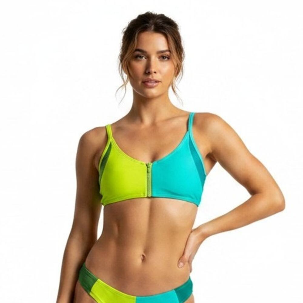 Chromat Green Color Block Zip Triangle Bikini Top, L
